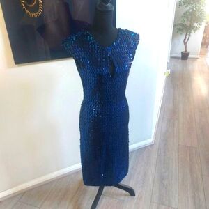 Blue Vintage 80s Midi Sequin Dress Size Medium